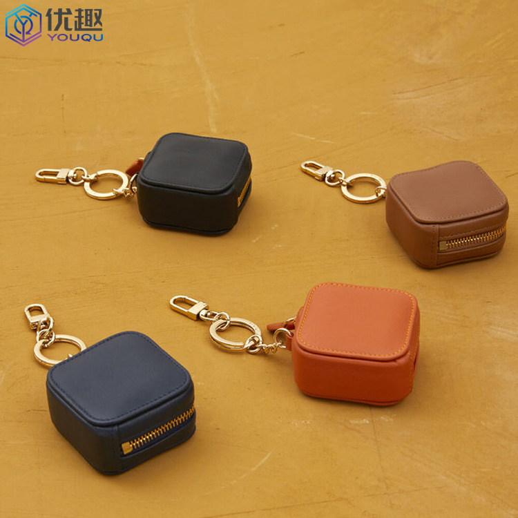 Customized Creative Leather Coin Purse Headphone Pouch Pu Leather Cosmetic Pouch Earphone Case Bag with Keychain