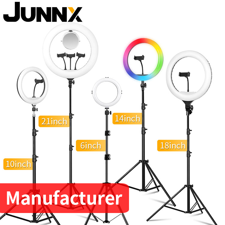JUNNX 10inch 18inch 21inch Ringlight 6 8 12 13 14 16 20 Heart RGB 10 21 18 inch Makeup LED Seflie Ring Light with Tripod Stand