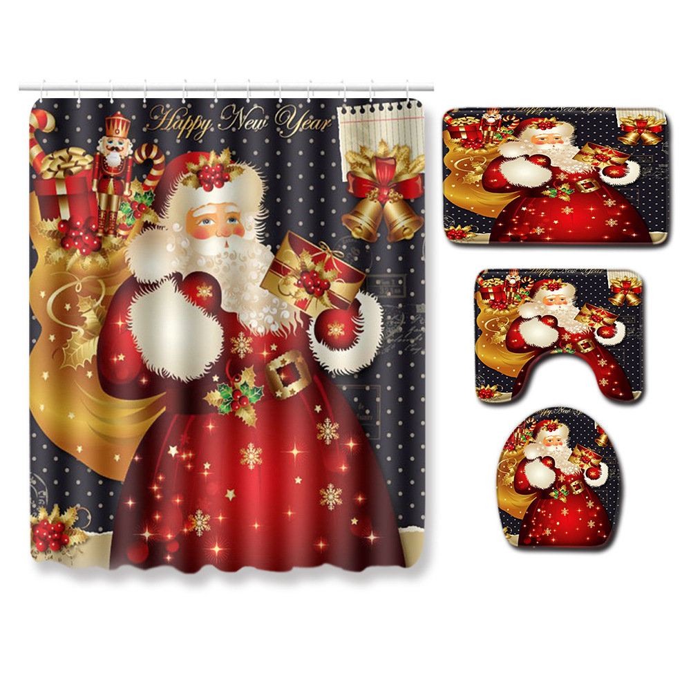 Santa Claus shower curtain 3D digital print waterproof bathroom floor toilet four-piece set