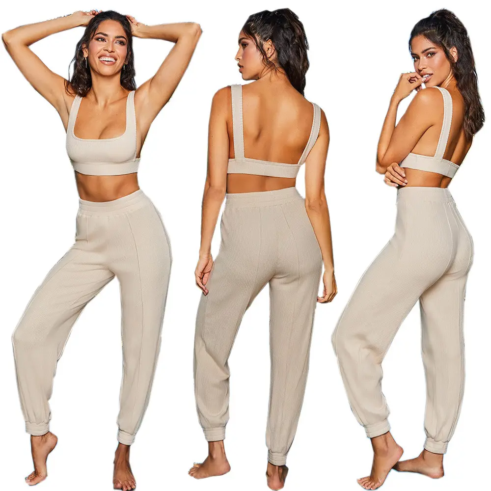 2020 Amazon Лидер продаж Топ на бретелях Тонкие штаны трикотажные ребристые ткани женские штаны для йоги наборы для оптовой продажи