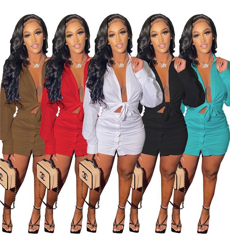 Autumn Fashion Women Clothing Long Sleeve Wrap and Tie Blouse and Short Skirts Two Piece Skirt Set Shirt 2 Piece Set