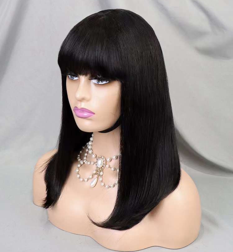 Natural Color Straight Short Bob Wigs With Bangs Virgin Remy Human Hair Wig Vendors 1x4 Lace Machine Made Cheap Lace Wigs