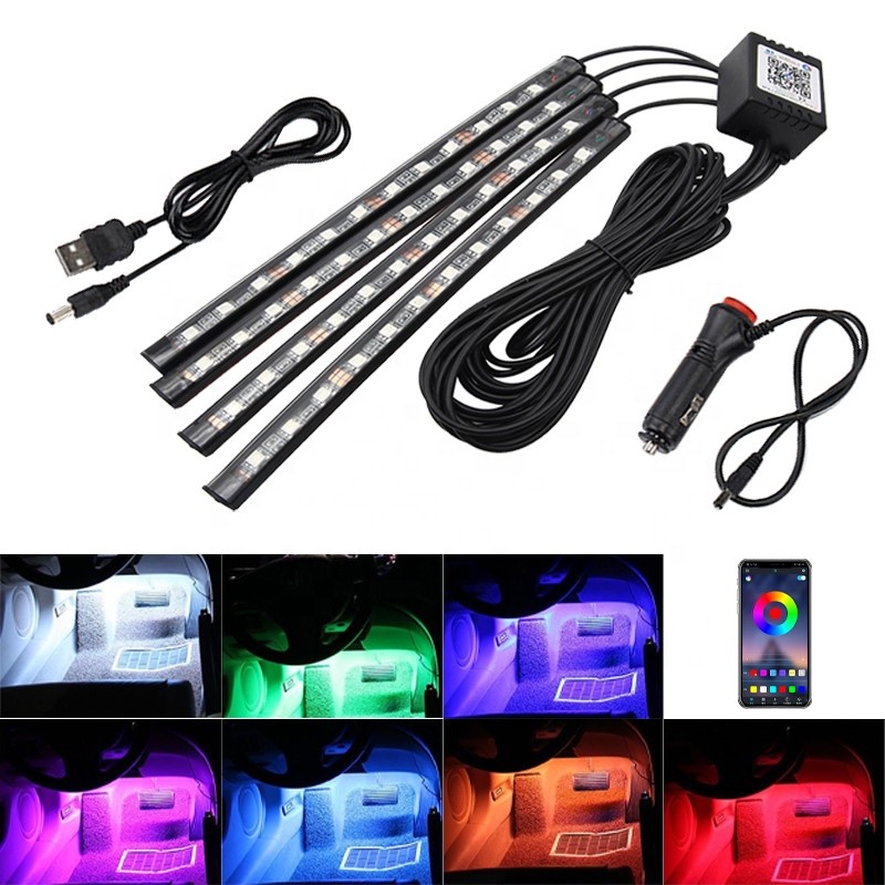 Светодиодная лента RGB 4 в 1 для салона автомобиля, декоративные лампы для создания атмосферы с дистанционным управлением, 12 В, с приложением USB