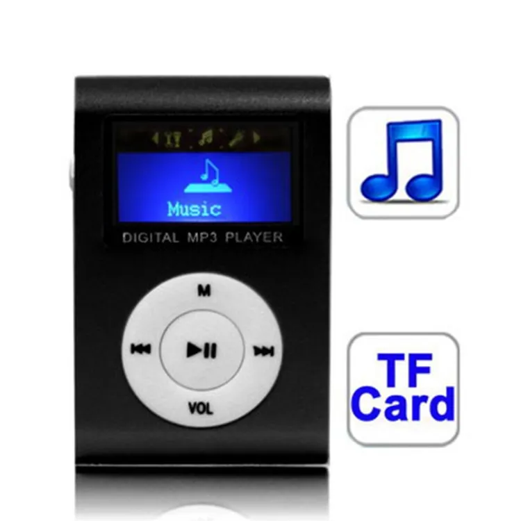 Hot selling TF (Micro SD) Card Slot MP3 Player with LCD Screen Metal Clip Radio Function(Black)