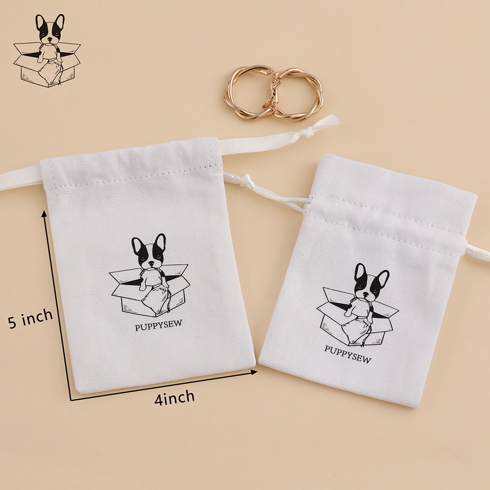 Белая Роскошная саржевая Хлопковая Сумка для ювелирных изделий PUPPYSEW с индивидуальным логотипом, Высококачественная маленькая подарочная сумочка для ювелирных изделий на шнурке
