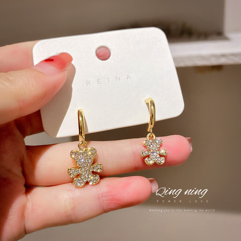 Jewelry 925 silver needle Korean fashion lovely personality asymmetric diamond Bear Earrings net red temperament girl