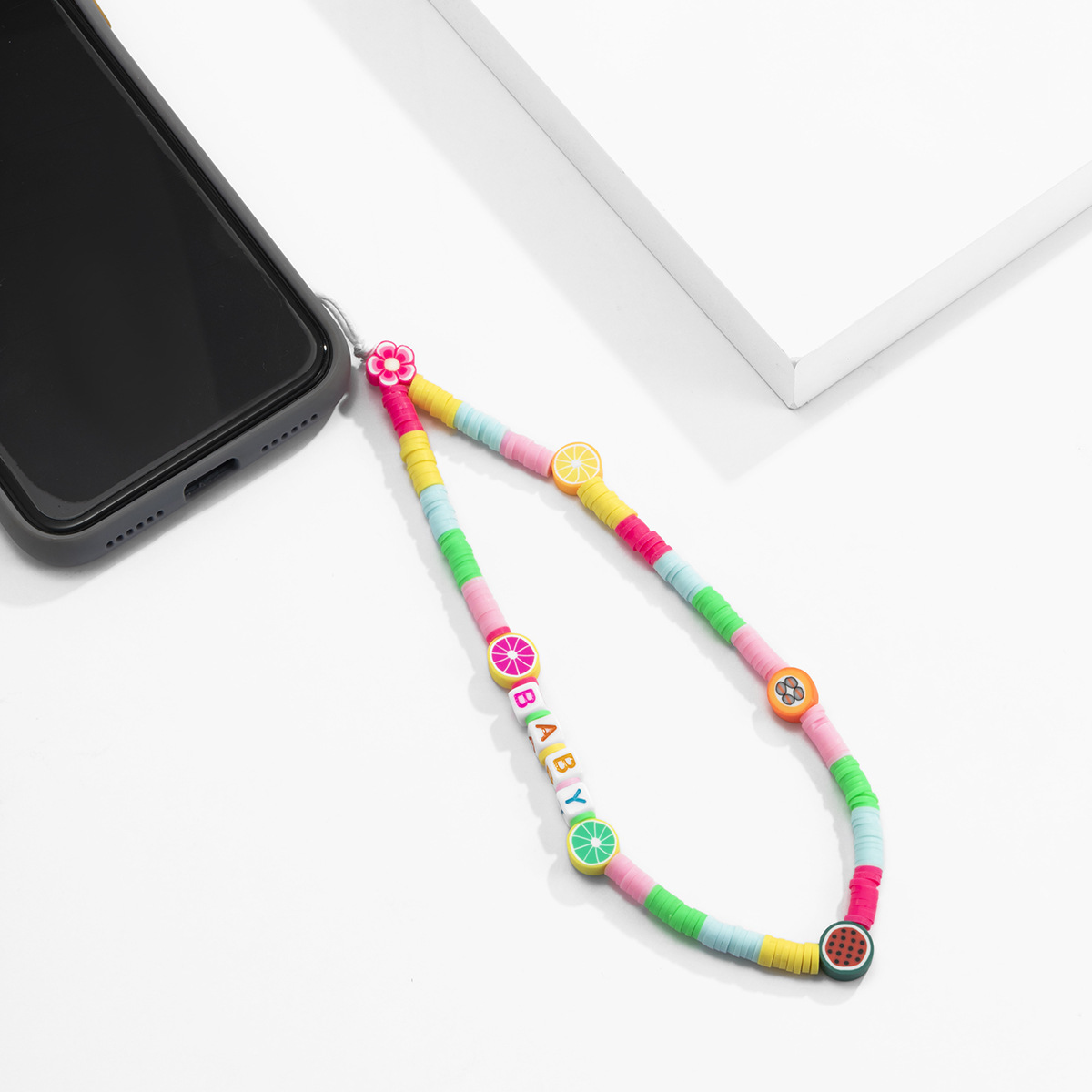 INS Boho Wrist Chain Chic Lovely Fruit Polymer Clay Cotton Thread Plastic Beaded Phone Lanyard String Charm