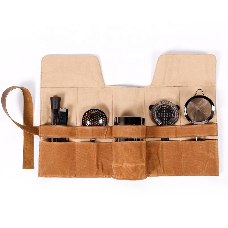 Customized High Quality Waxed Canvas Barware Roll Up Bag Bartender Kit for Men