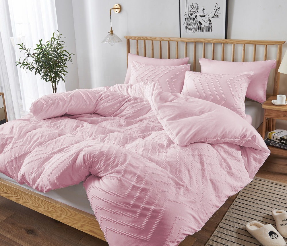 wholesale textured tufted boho tassel carved pile duvet cover set bedding set pink lace