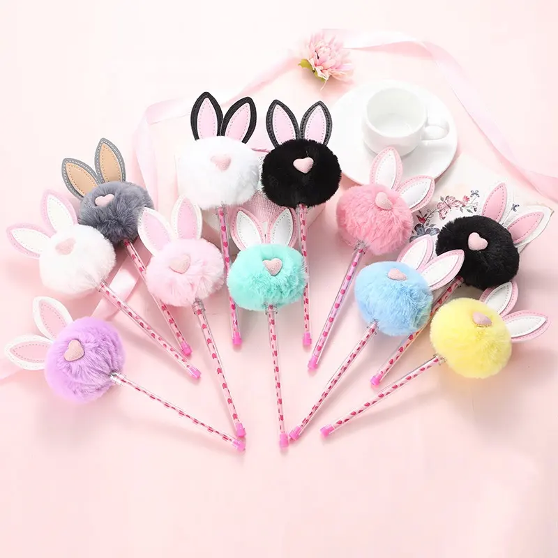 Promotional Fashion Cartoon Plushel Ball Rabbit Ears Kawaii Colour 0.5mm Gel Pen