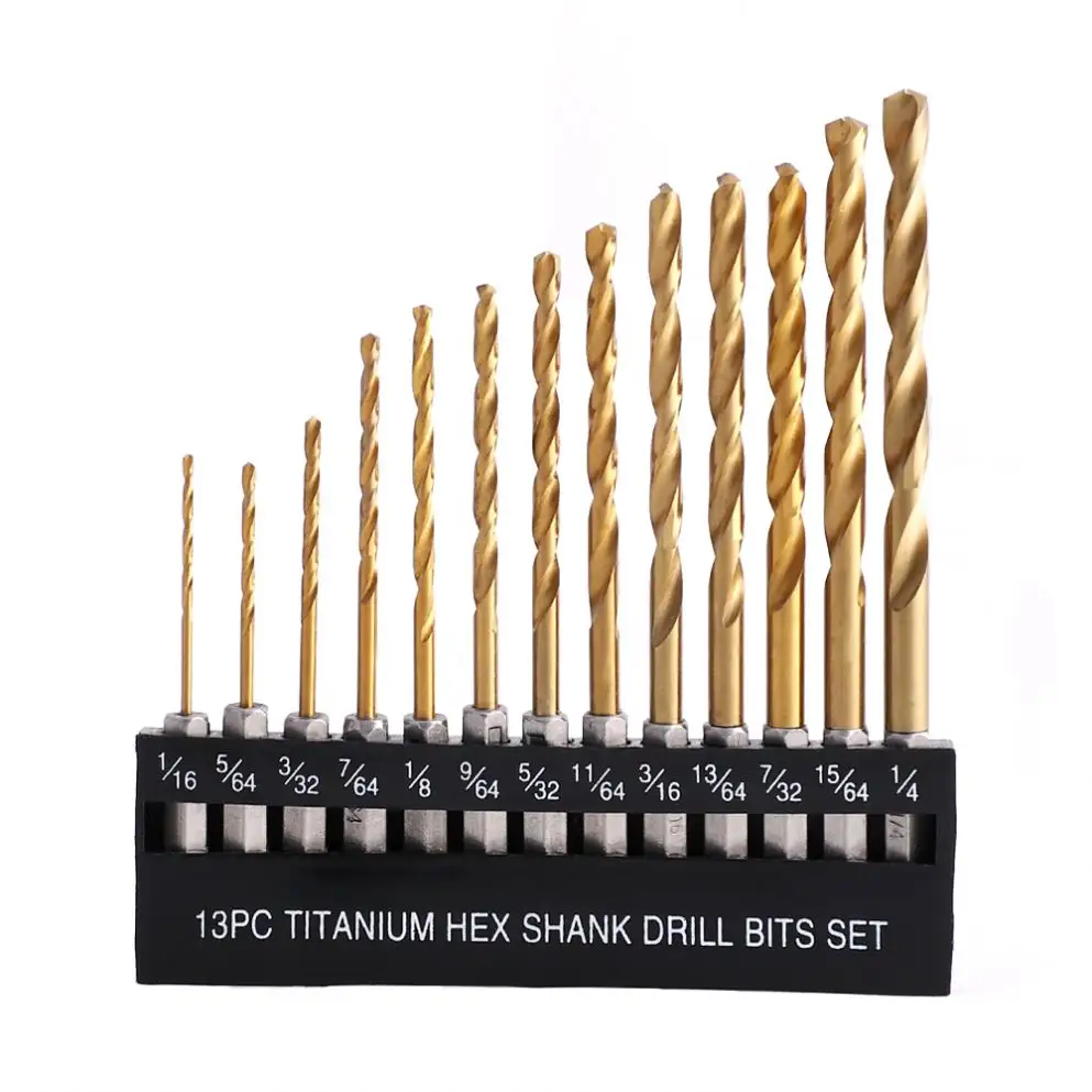 Bit Set TG 13pcs HSS Titanium Hex Shank Twist Drill Bit Set 4241 Fast Change-over Gold Color With Holder Storage Base