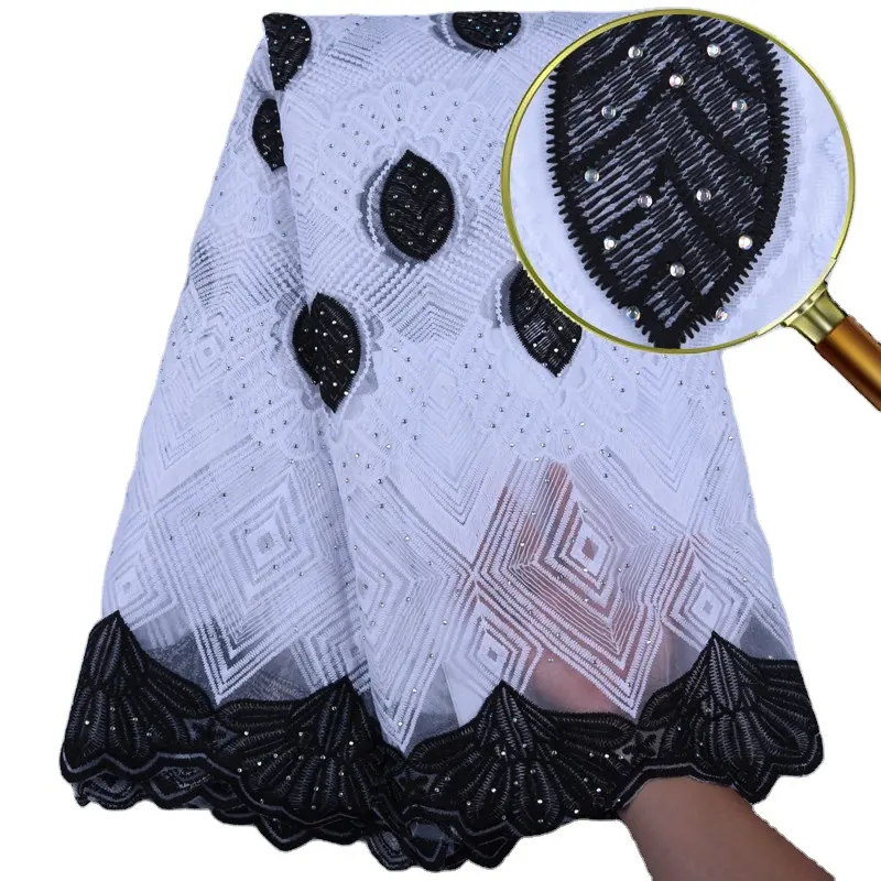 Embroidery Black And White Color Milk Silk Lace Fabric High Quality French Lace Fabric With Beads For Party  1570