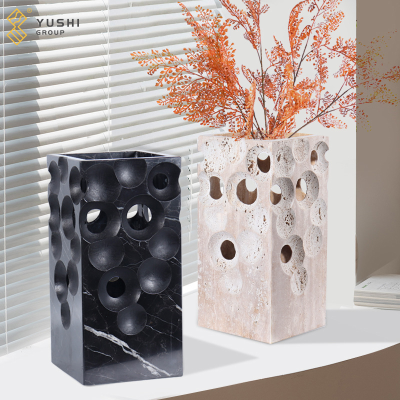 Yushi Group High Quality Natural Modern Travertine Marble Stone Designer Flower Vase Fashion French Travertine Stone Flower Vase