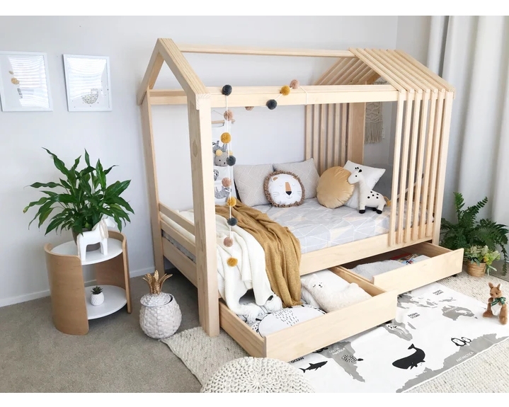 Stylish Kids & Toddler House Cot Bed with Storage Drawers Single Twin Size Wood Bed for Sale