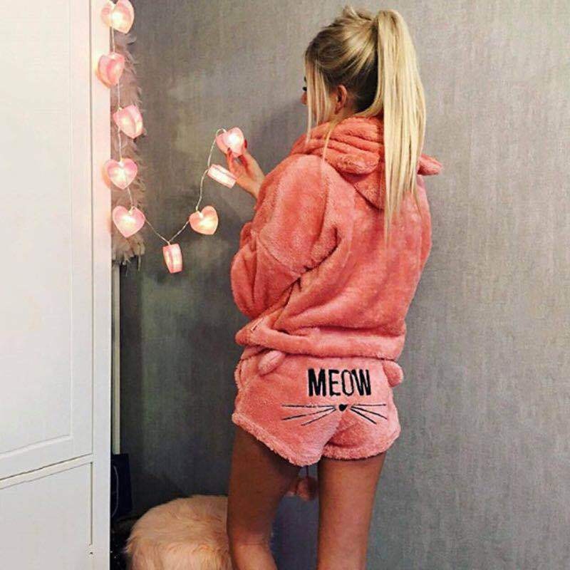 Новый милый зимний комплект из двух предметов, женские костюмы с котами из искусственного меха, пушистые пижамы с капюшоном, теплые пижамы