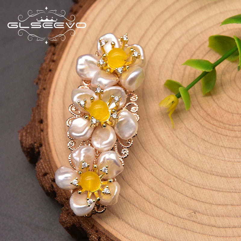 New Korean Flower Hairpin Woman Yellow Jade Natural Freshwater Baroque Pearl Hairpin Jewelry