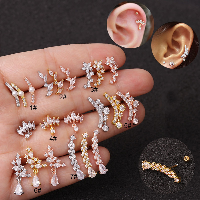 POENNIS Mixed color7 Silver Rose Gold Curved Stainless Steel Bar Ear Piercing Jewelry Flower Crown Tragus Daith Piercing earring