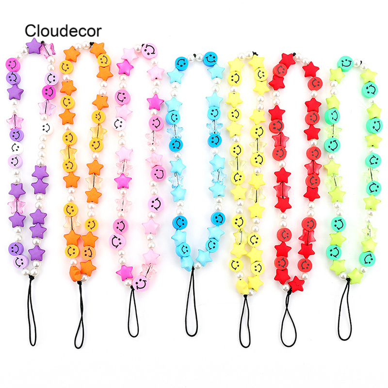 Clay Smile Flower Beads Chain For Mobile Phone Anti-Lost Cord Strap Star Wristband Bracelet Multi-Use Lanyard Phone Charm Strap