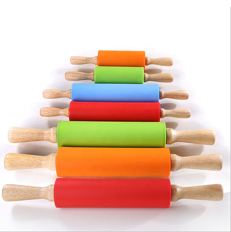 Silicone Rooling Pin-Wooden Handle Silicone Dough Roller for Home Kitchen Children Cake baking tools