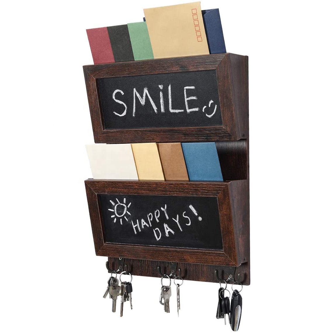 Wall-Mounted Rustic Wood & Black Metal Mail Sorter/Letter Holder with Chalkboard & 4 Key Hooks