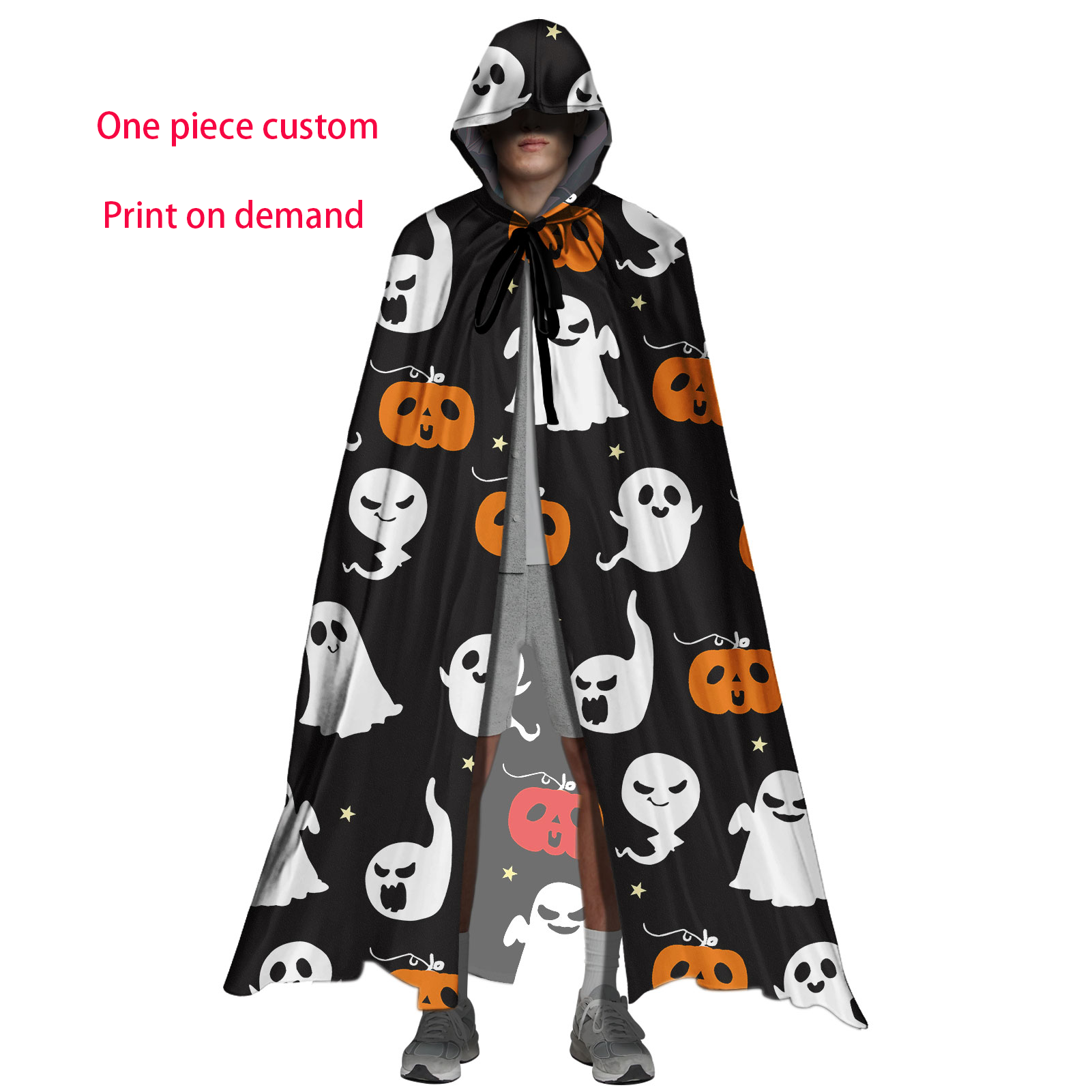 2021 new arrival adult halloween costumes pumpkin pattern one piece custom print halloween cloak with hoodie