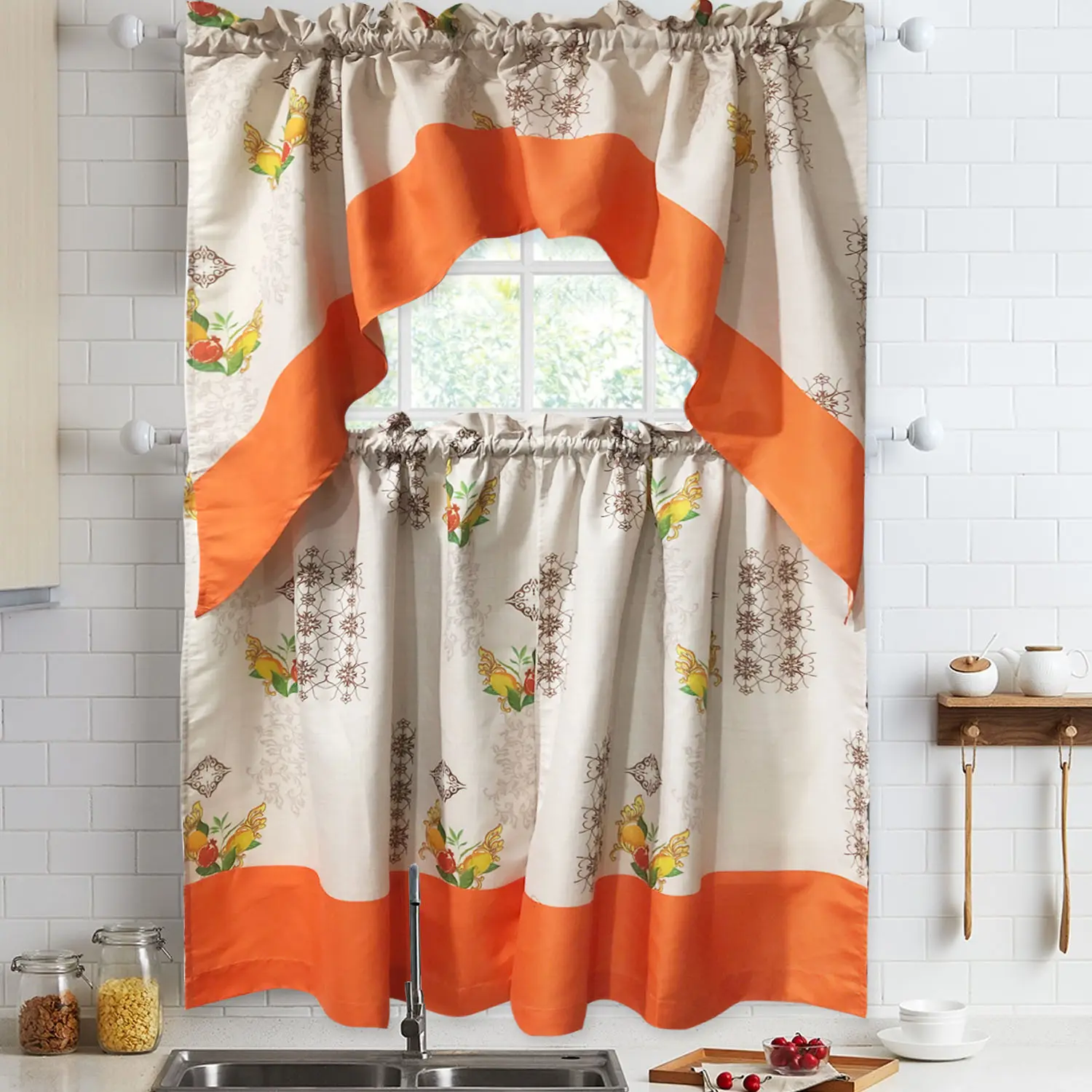 Unshrunk Pastoral Style Orange 100%Polyester 132x39 2x66x95 Kitchen Cabinet Curtains