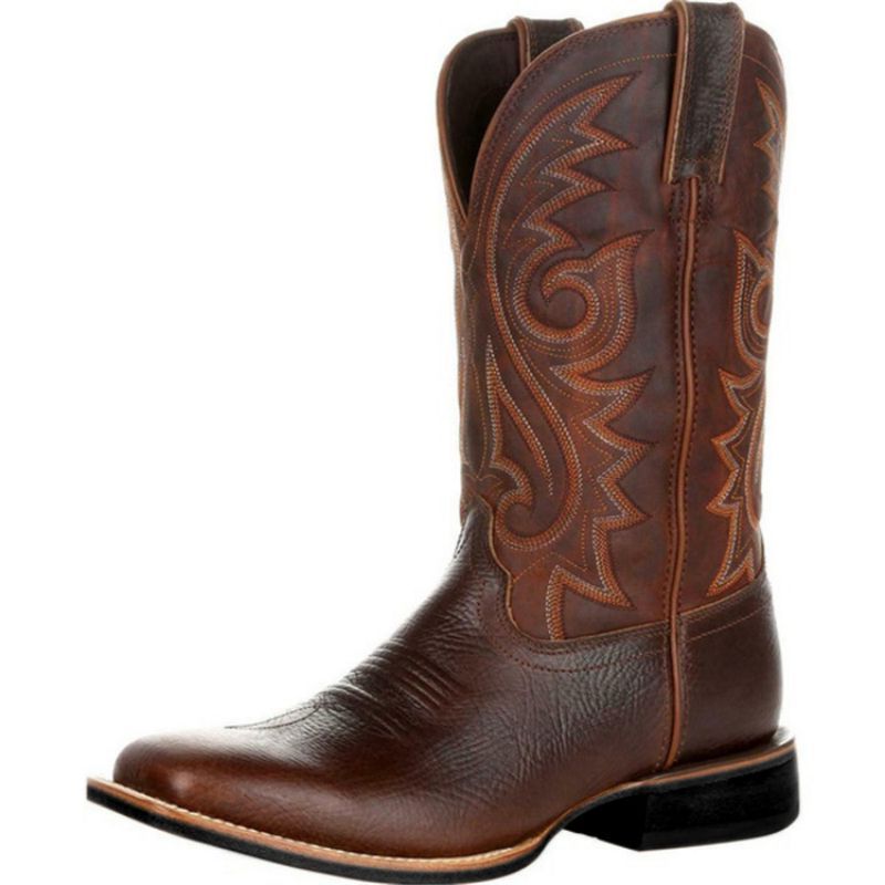 Dropshipping Custom Logo Vintage Embroidery Unisex Block Heels Western Boots Plus Size Cowboys Chelsea Boots Men