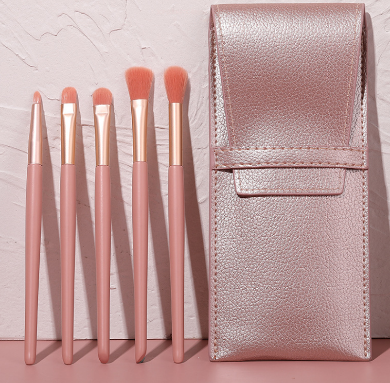 Pink wooden handle synthetic private label Nylon Hair Makeup brush set For ladies make up tool 5pcs