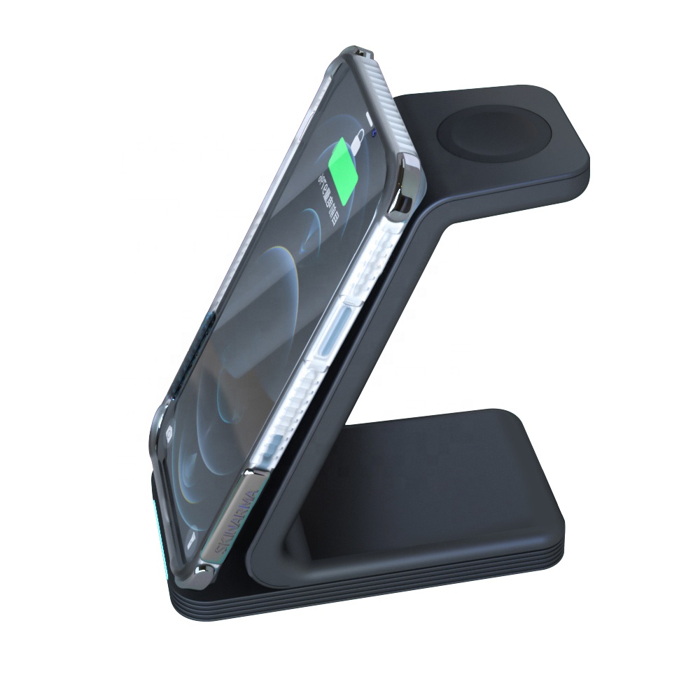 New Arrived Mag Safe Wireless Charger 3in1 Qi 15W Fast Magnetic Wireless Charger Stand With LED Light for iPhone i Pod i Watch