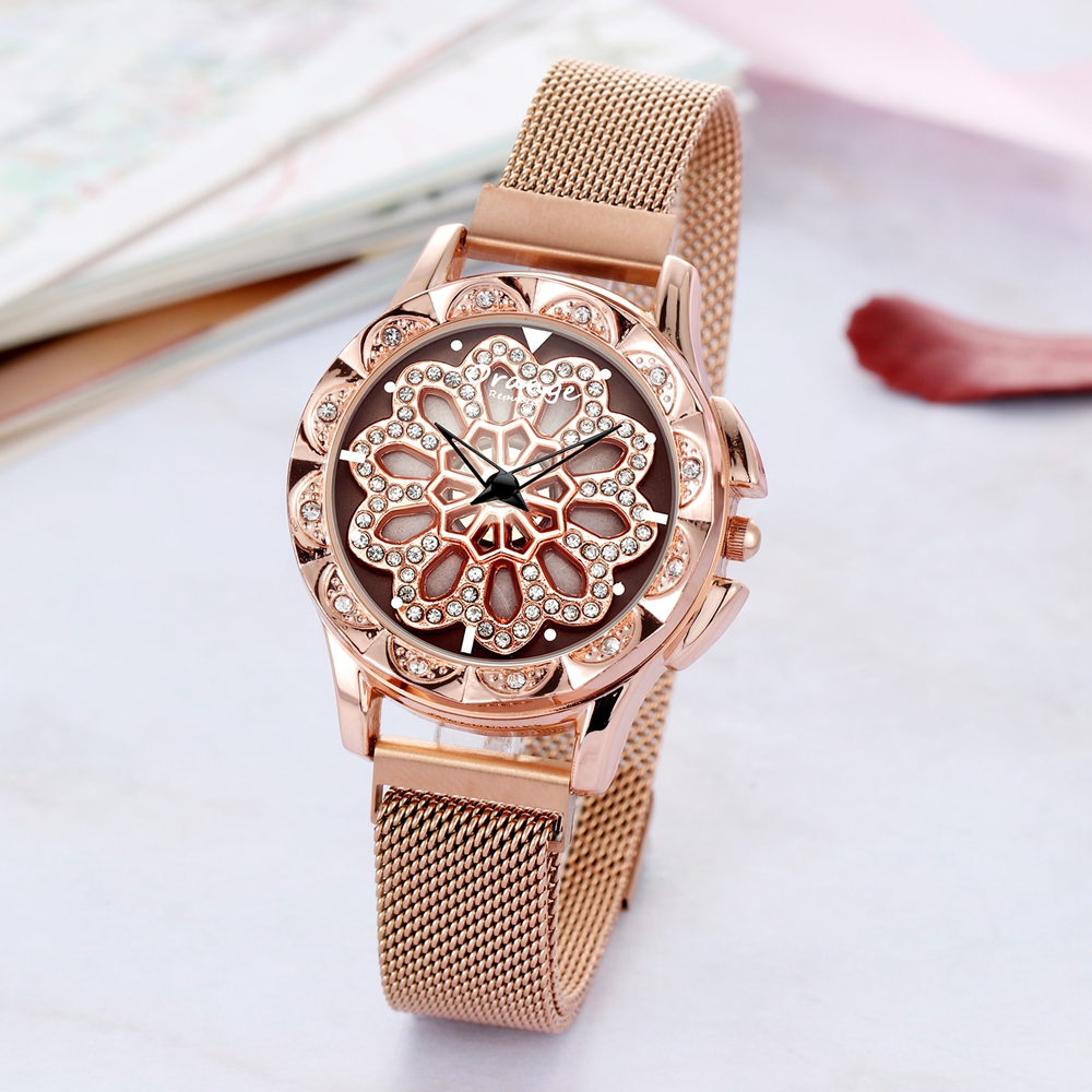 New Luxury Golden Style Tourbillon Diamond 360 Degrees Unique Custom Design Petal Dial For Fashion Ladies Wrist Lucky Watches