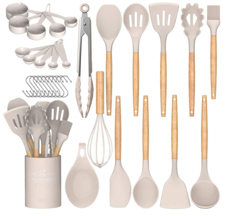 Kitchen Cooking Utensils Set 33 pcs Non-Stick Silicone Cooking Kitchen Utensils Spatula Set with Holder Wooden Handle Silicone K