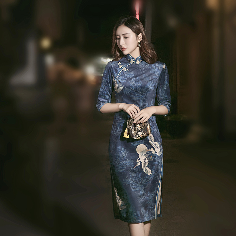 TX new ladies knee length Cheongsam retro modified version qipao women Chinese style slim long one piece evening dresses