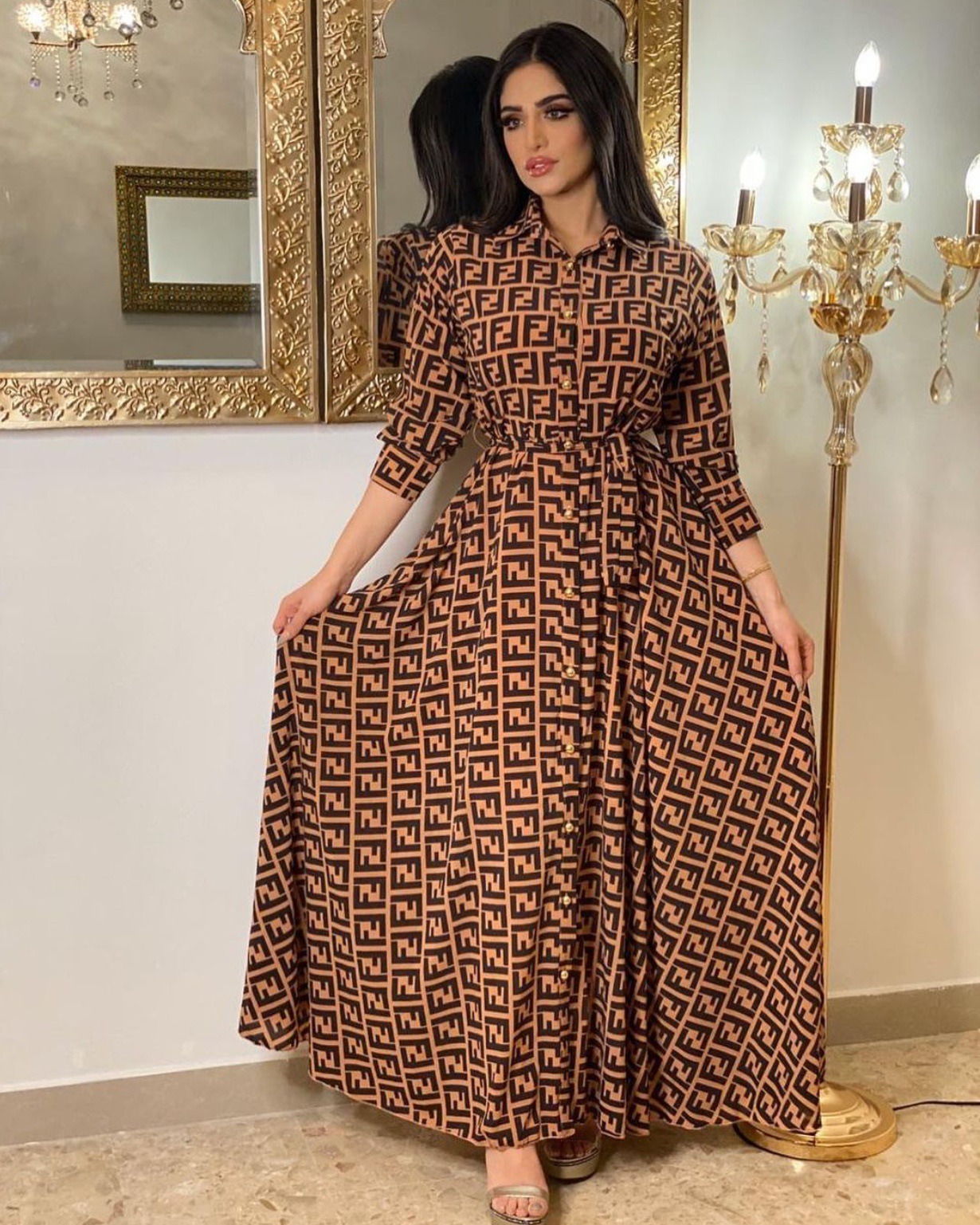 OEM New Arrival 2021 summer and autumn Arab Muslim women's dress polo crew Middle East print dress Abaya