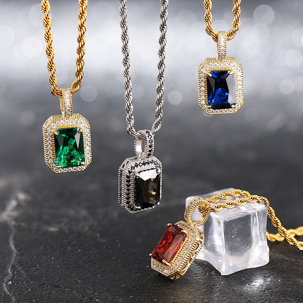 KRKC 18k золото рубин зодиака драгоценный камень ожерелье Iced Out 5A CZ алмаз хип-хоп ювелирные изделия оптом Изумрудный камень ожерелье кулон