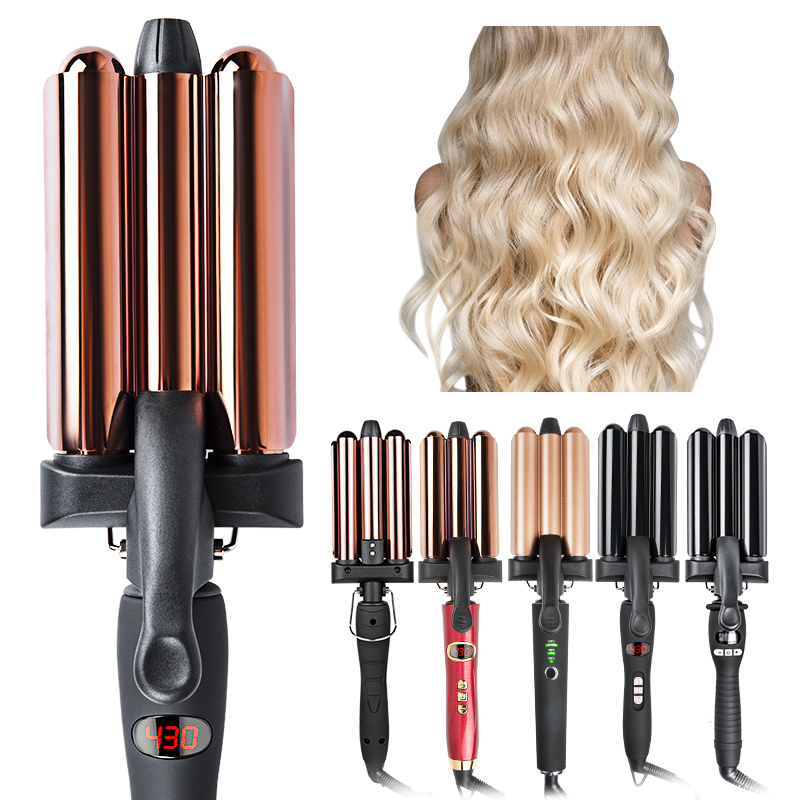 Home use new three barrel ceramic Ionic big wave curler automatic LCD curling iron with triple barrel hair waver hair curler