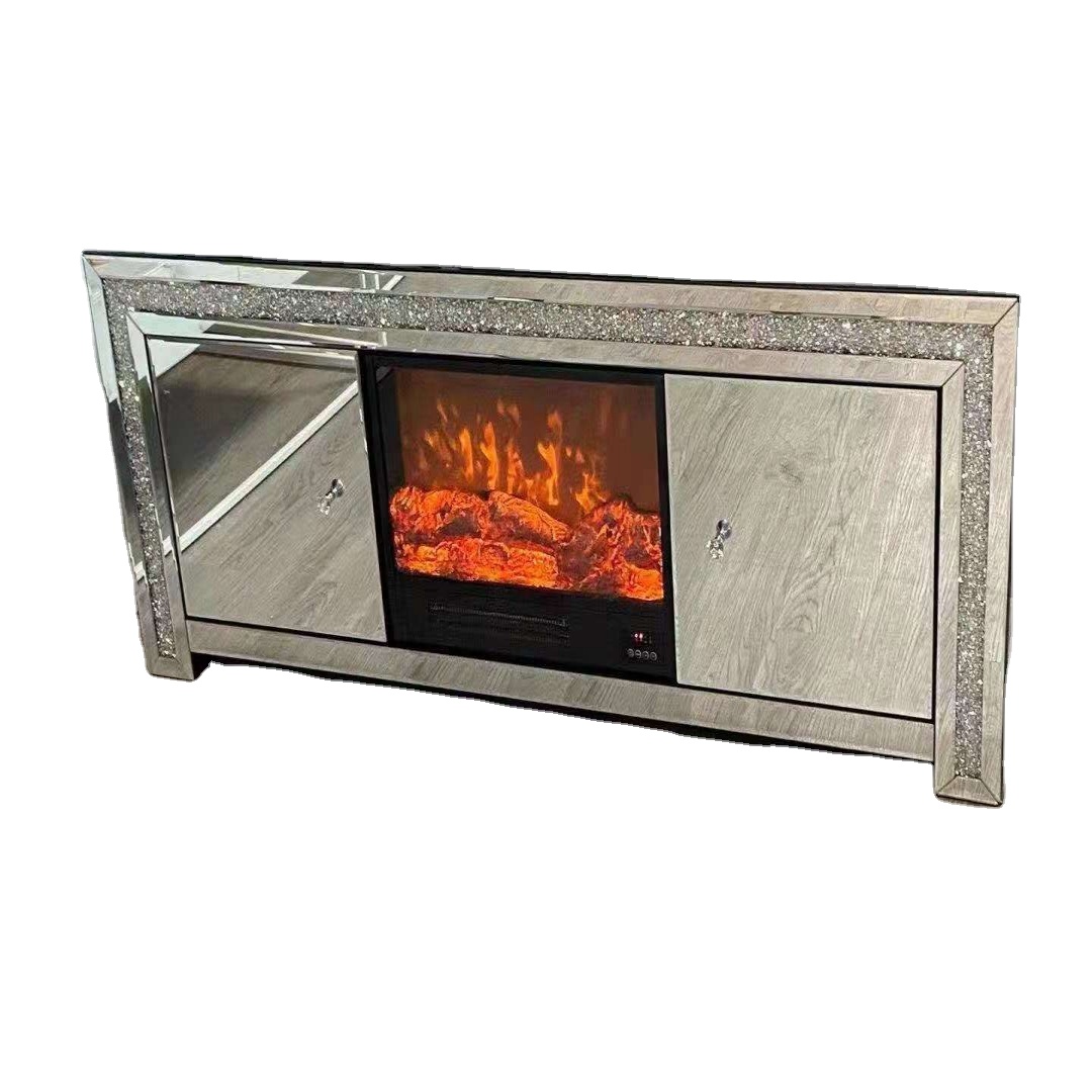 New Mirror Silver Mirrored Electric Fireplace Media Console TV Stand