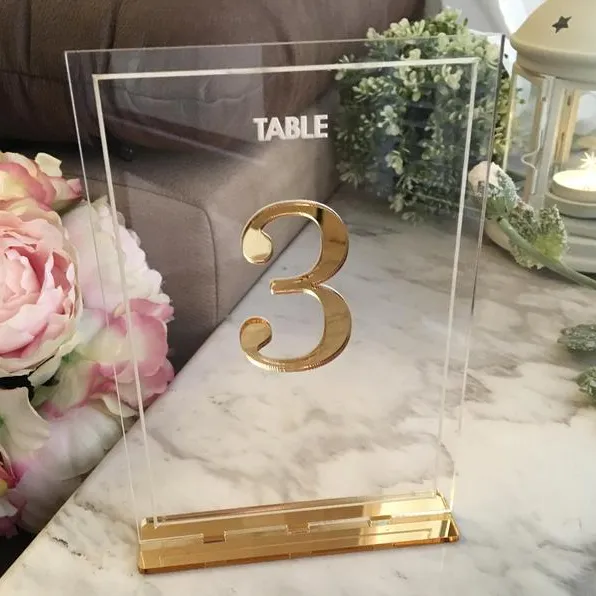 RTS- 20pcs MOQ Available Stock Custom Number Place Card Mirror Clear Standing Acrylic Wedding Table Number For Wedding Event