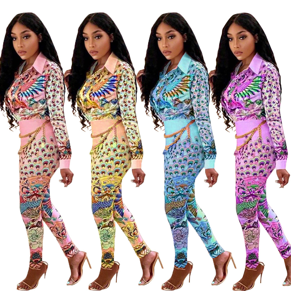 Winter autumn women solid ribbed cut 2-piece set 2-piece jogging suit Printed suit collar professional formal suit