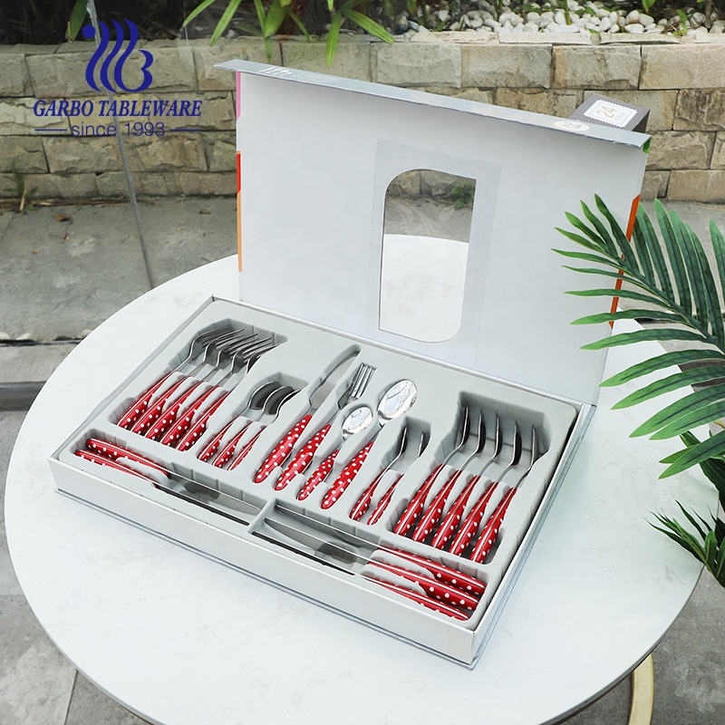 Factory Cheap decorative flatware travel 18/0(430) 24pcs luxury plastic handle stainless steel cutlery set