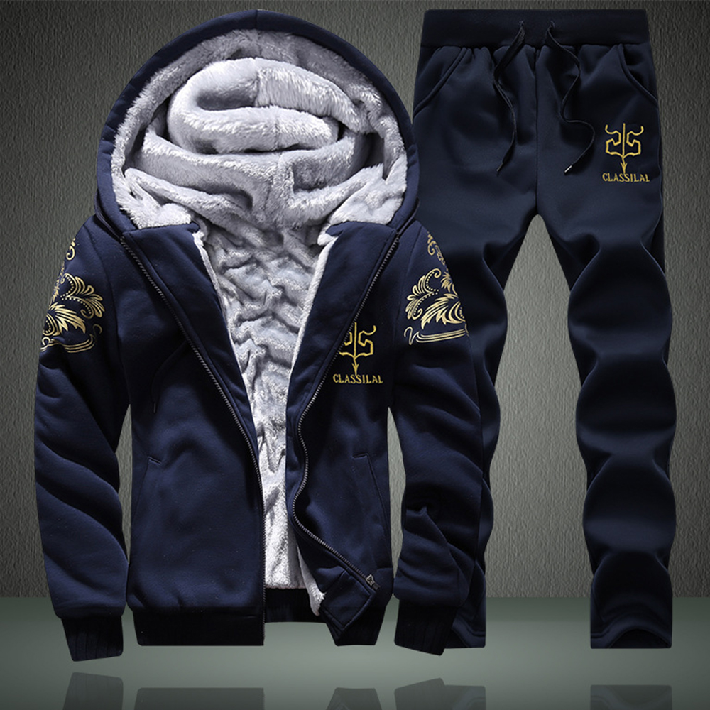 Winter Velvet Tracksuits Suit for Men Custom Logo Printed 2 Pieces Full Zip Casual Sportswear Training Jogging Wear
