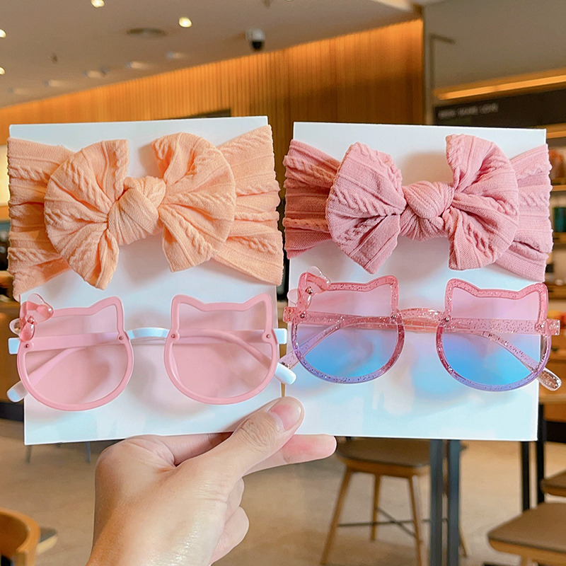 Hot Sale 2Pcs/Set Sunglasses With Nylon Children Headband Cat Eye Sun Glasses Baby Elastic Hair Band Set