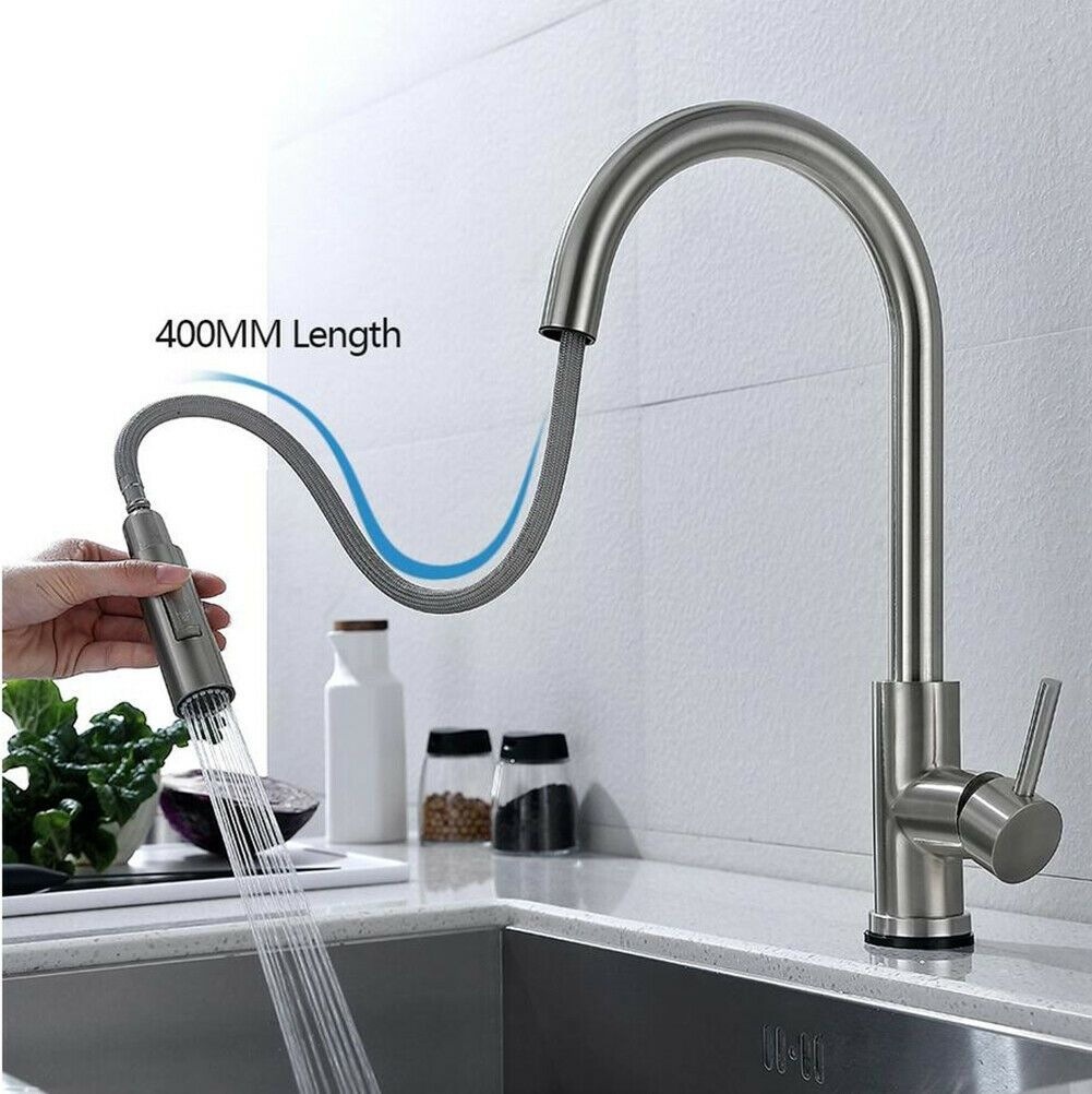 Modern 304 Stainless Steel Sink Water Mixer Tap, Brushed Silver, Pull Down, Flexible Kitchen Faucet