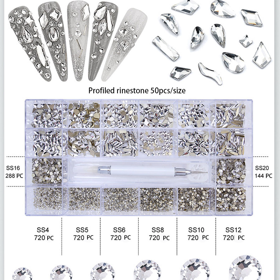 Aokitec Large 3d press on nail decals rinestones crystal for nails with dotting pen in box