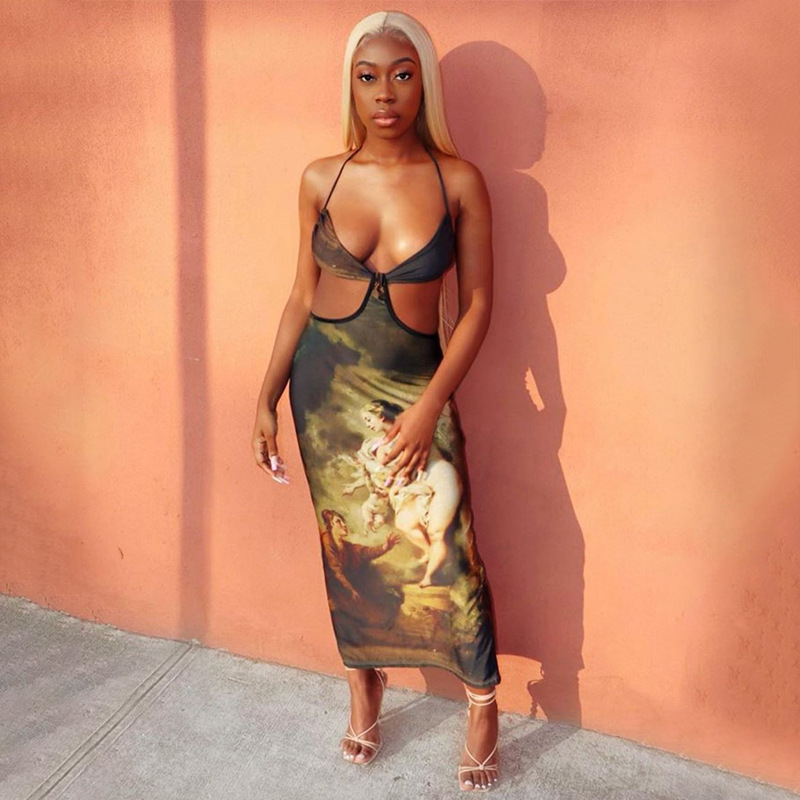 2021 Summer sexy club long party night open waist bra evening dress hollowed-out waistband halter tie dye maxi women's dress