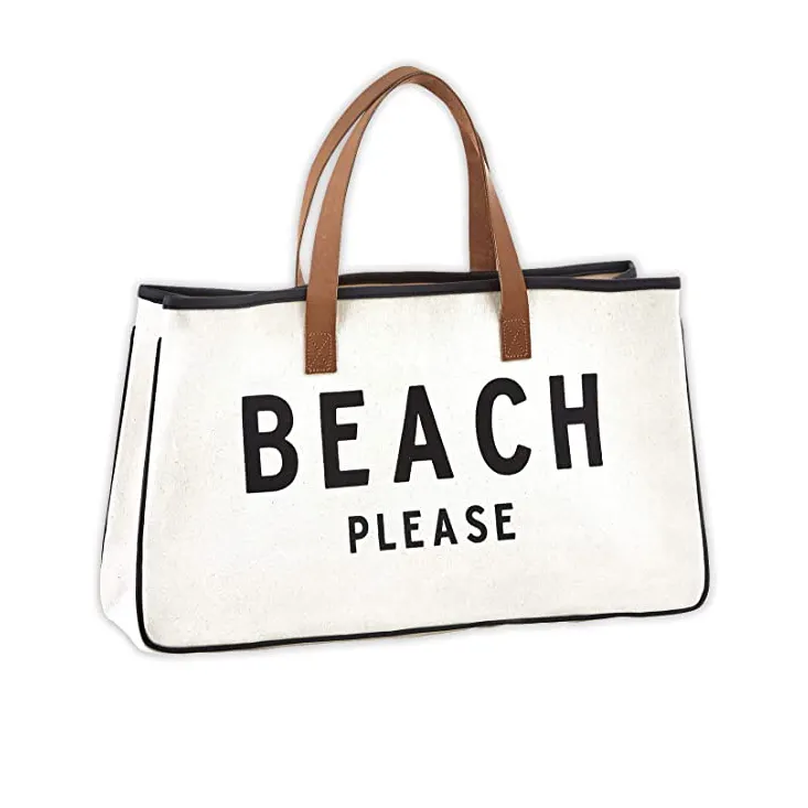 Custom Printed Large Canvas Travel Weekend Getaway Summer Beach Tote Bag with Leather Handles