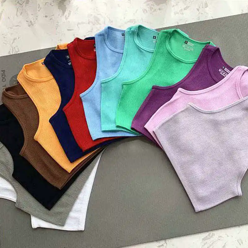 Wholesale Cropped Women's Solid T-shirt Tank Top Seamless Streetwear Stretch Rib Knit Sleeveless Casual Tank Top Stock