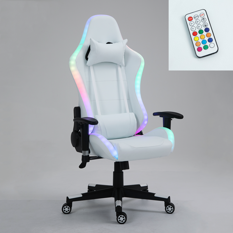 Белый игровой стул из искусственной кожи RGB со светодиодной подсветкой и массажем