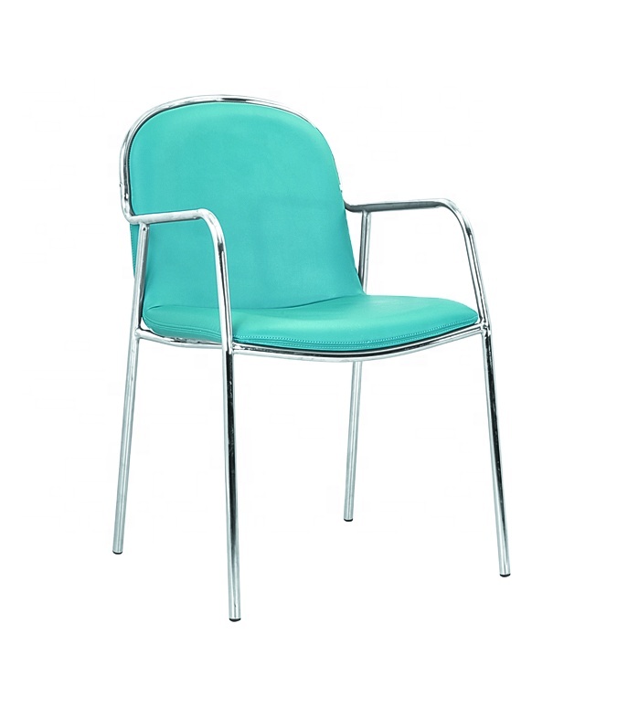 Modern blue faux PU LEATHER training chair commerical area chrome vistor chair and 4 legs chair with arms