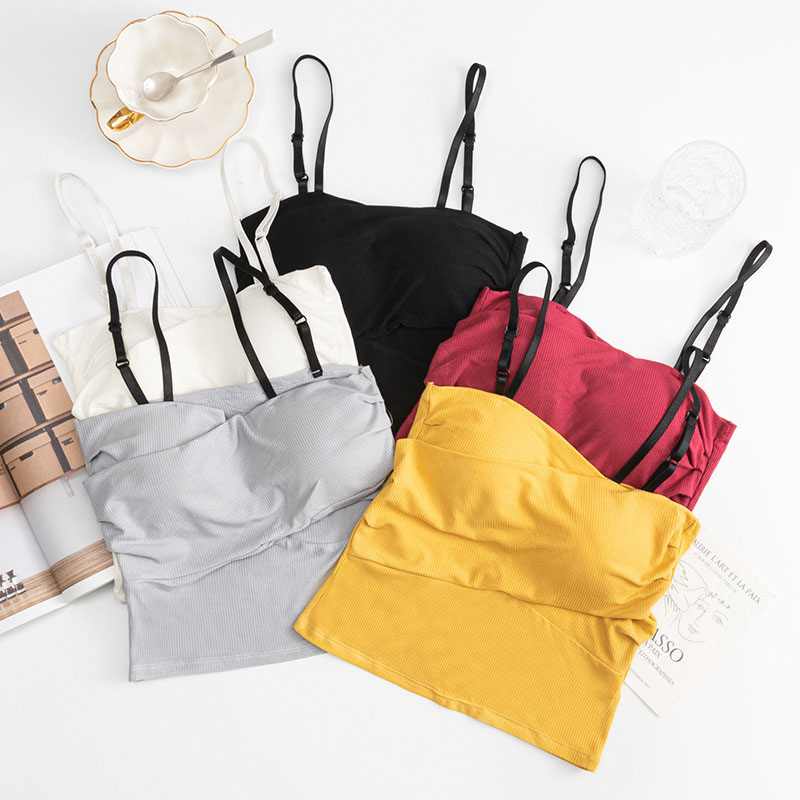 New Style Threaded Knit Women Wrap Chest Adjustable Straps Camisole Long Line Removable Padded Tank Tops
