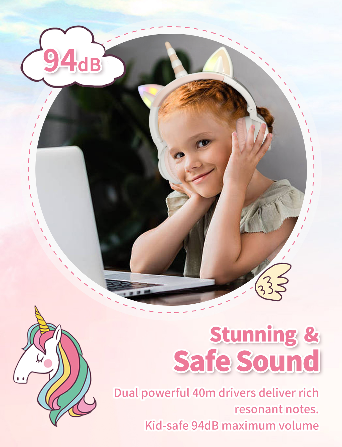 Unicorn Kids Headphones Wireless Volume Limited Foldable Children Headphones with Mic up for Boys Girls toddler laptop